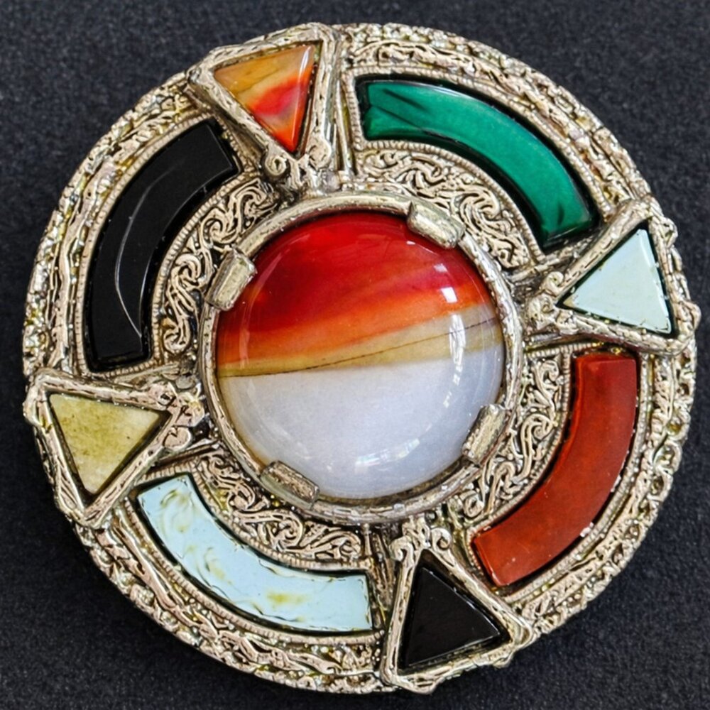 Vintage Miracle Scottish Celtic Thistle Brooch Banded Agate Glass Signed UK